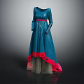 Elegant Blue Long Sleeve Dress with Red Accents and Tulle Hem Design