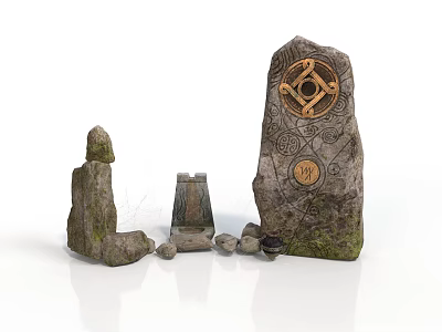 Intricately Carved Stone Sculptures With Circular Decorative Symbols And Smaller Carvings 3d model