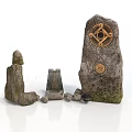 Intricately Carved Stone Sculptures With Circular Decorative Symbols And Smaller Carvings