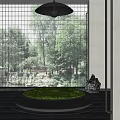 Garden Ornaments With Frosted Glass Window Green Plants Stone Decor And Black Frame