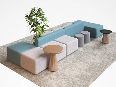 Modern Modular Sofa In Blue And Light Gray With Wooden Side Tables And Green Plant 3d model