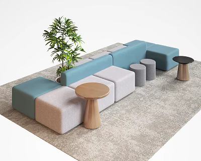 Modern Modular Sofa In Blue And Light Gray With Wooden Side Tables And Green Plant 3d model