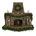Stone Fireplace Wall Decorated With Greenery Candles Lantern And Burning Flames 3d model