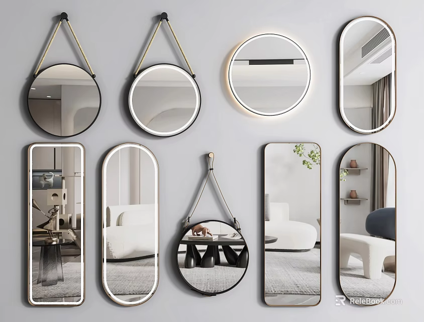 Various Shapes And Styles Modern Mirrors For Wall Decor With Interior Reflections 3d model 