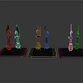 Decorative Bladed Weapons with Ornate Handles Arranged on Three Blue Display Bases