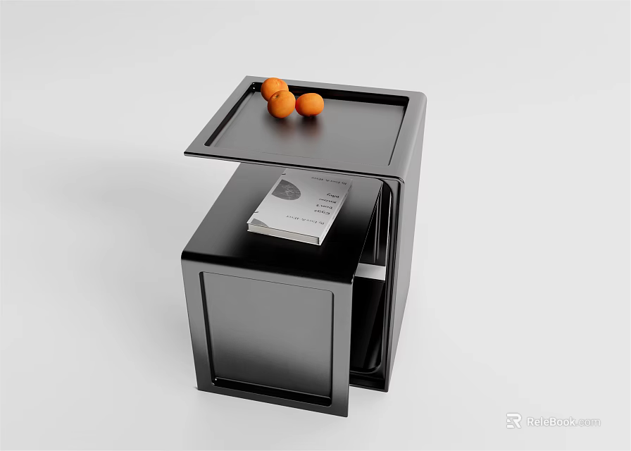 Black Side Table With Tray Holding Oranges And Open Compartment With Book 3d model