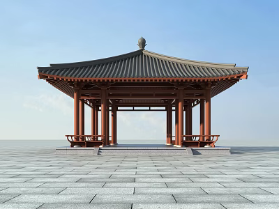 Traditional Chinese Pavilion Featuring Curved Roof Wooden Columns And Stone Pavement 3d model