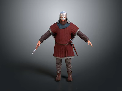 Medieval Warrior Character 3D Model Wearing Red Robe Helmet Holding Knife With Leg Armor Boots 3d model