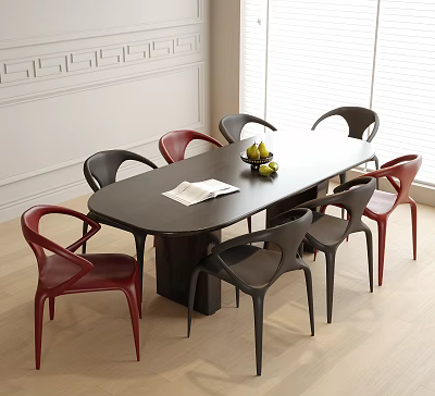 Modern Black Oval Dining Table with Eight Red and Black Chairs Fruit Bowl and Napkin 3d model