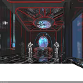 Futuristic Bar With Neon Red Lighting Round Bar Counter Hi tech Decor And Reflective Floor