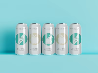 White Canned Drinks Featuring Green Gold Patterns with Corn Apple Dove on Light Blue Background 3d model
