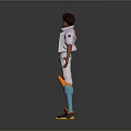 Futuristic 3D Character Model with White Pants Orange Vest and Blue Mechanical Arm