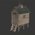 Wooden House Elevated On Stilts With Black Tiled Roof Bell Tower Cross Door And Window