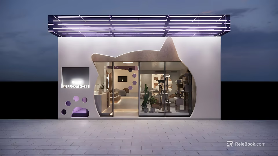 PINKCAT Boutique Store Exterior With Cat Shaped Design Purple Lighting And Glass 3d model 