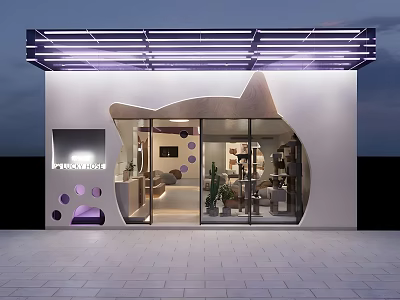 PINKCAT Boutique Store Exterior With Cat Shaped Design Purple Lighting And Glass 3d model