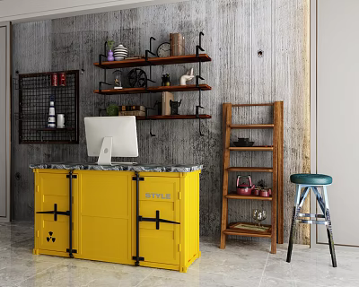 Yellow Reception Desk With Computer Monitor On Gray Wall And Wooden Shelves 3d model
