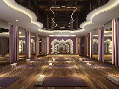 Spacious Yoga Studio Interior With Purple Mats Mirrored Walls And Wooden Floors 3d model