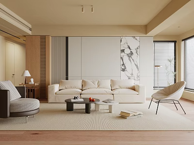 Modern Minimalist Living Room Interior With Beige Sofa Wooden Accents And Decorative Painting 3d model