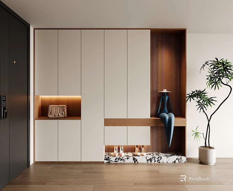 Modern White And Wood Shoe Cabinet With Storage Shelves Seat And Indoor Plant 3d model 
