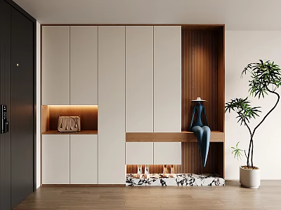 Modern White And Wood Shoe Cabinet With Storage Shelves Seat And Indoor Plant 3d model