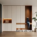 Modern White And Wood Shoe Cabinet With Storage Shelves Seat And Indoor Plant