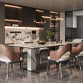 Elegant Modern Restaurant Interior With Marble Dining Table Chairs And Decorative Plant
