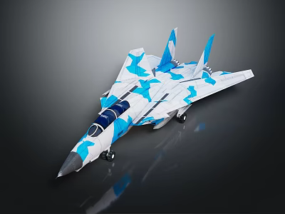 Blue And White Camouflage Fighter Jet Model With Transparent Canopy On Dark Background 3d model
