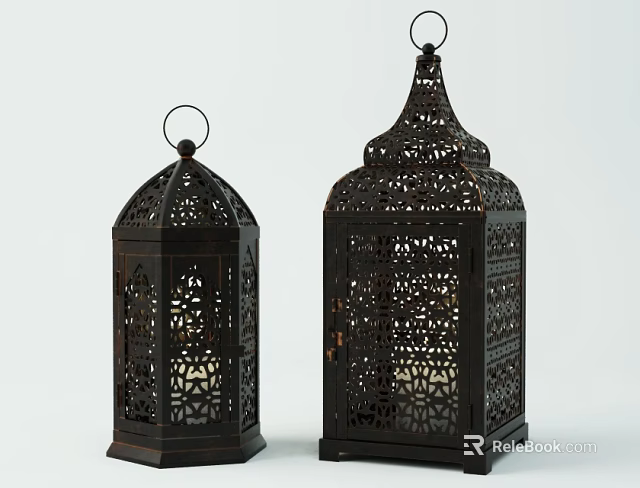 Elegant Candle Lanterns With Intricate Cutout Patterns And Burning Candles Inside 3d model 