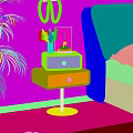 Modern Bedroom With Peach Wall White Nightstand Gold Base Green Plant And Beige Sofa
