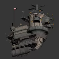 Floating Airship With Multiple Propellers And Complex Upper Deck Structure Against Blue Sky 3d model