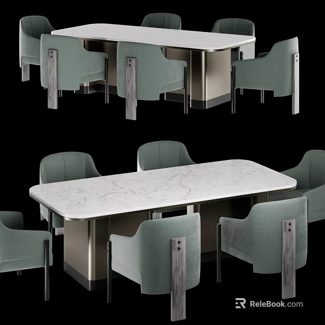 Modern Rectangular Dining Table Set With Marble Tabletop And Light Green Fabric Chairs 3d model