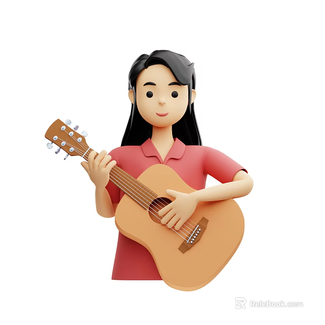 A Woman With Long Hair Playing Acoustic Guitar In Red Polo Shirt 3d model 