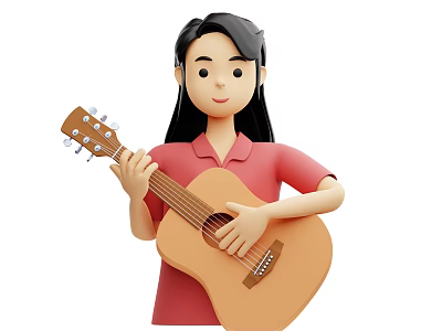 A Woman With Long Hair Playing Acoustic Guitar In Red Polo Shirt 3d model