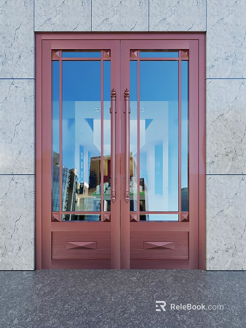 Elegant Red Frame Glass Double Doors With Marble Wall And Reflected Buildings 3d model 