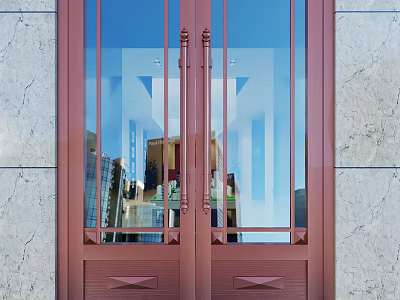 Elegant Red Frame Glass Double Doors With Marble Wall And Reflected Buildings 3d model