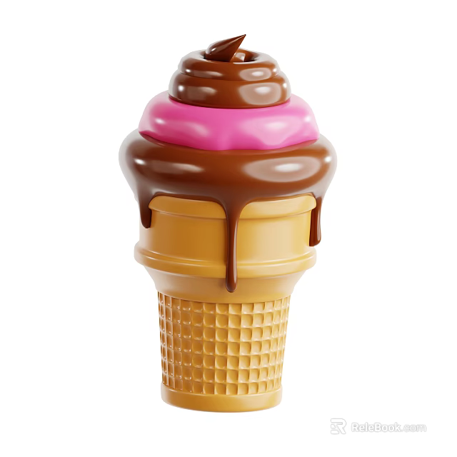 Delicious Ice Cream Cone with Chocolate Drizzle and Pink Ice Cream in Waffle Cone 3d model 