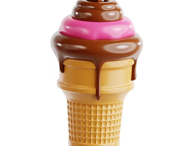Delicious Ice Cream Cone with Chocolate Drizzle and Pink Ice Cream in Waffle Cone 3d model