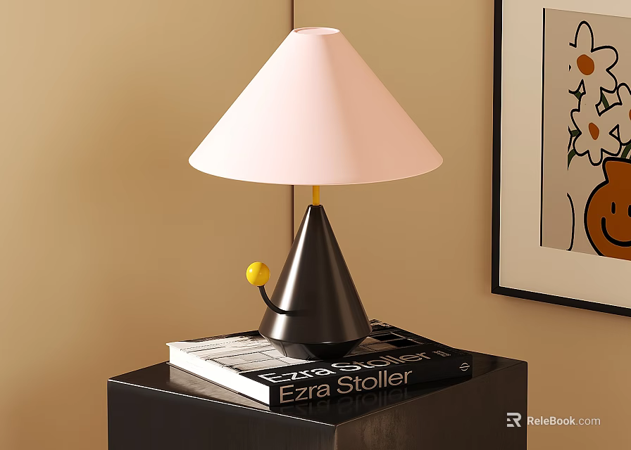 Stylish Table Lamp with Light Pink Lampshade Black Base Yellow Ball on Ezra Stoller Book 3d model 