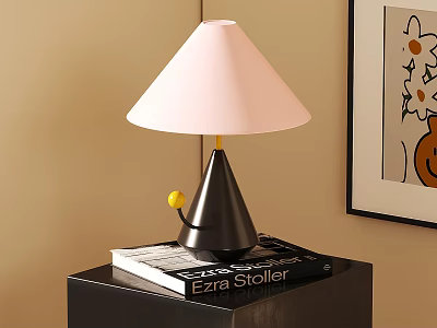 Stylish Table Lamp with Light Pink Lampshade Black Base Yellow Ball on Ezra Stoller Book 3d model