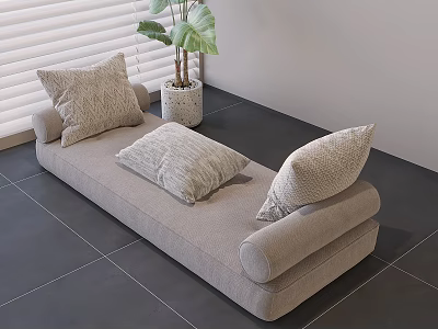 Light Gray Sofa With Three Throw Pillows Green Plant Near White Blinds On Gray Floor 3d model