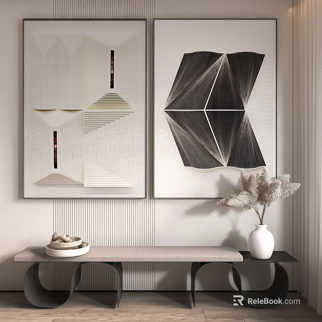Abstract Geometric Wall Art And Modern Console Table With White Vase Decor 3d model