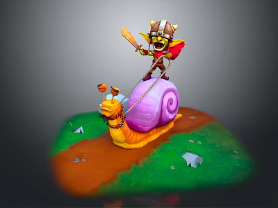 Warrior Character Toy Figure Riding Orange Snail With Purple Shell On Green Grass 3d model