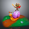 Warrior Character Toy Figure Riding Orange Snail With Purple Shell On Green Grass
