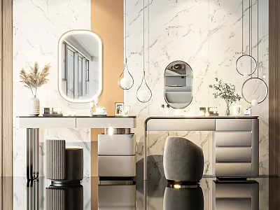 Modern Dressing Table Interior With Marble Wall Round Mirror And Pendant Lights 3d model