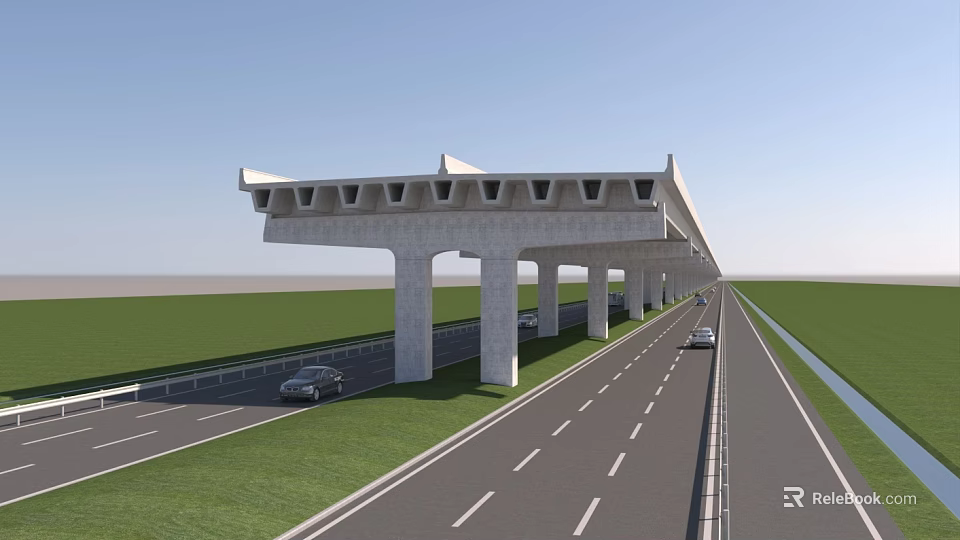 Road Infrastructure Modern Highway Viaduct with Supporting Piers Vehicles on Roadway and Green Grass 3d model 