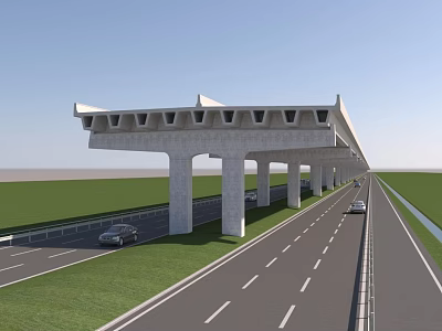 Road Infrastructure Modern Highway Viaduct with Supporting Piers Vehicles on Roadway and Green Grass 3d model