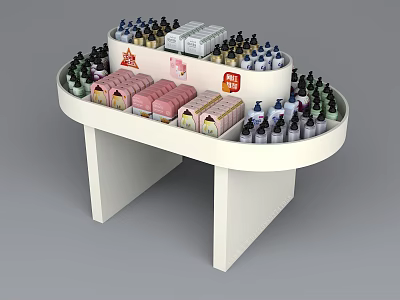 Round White Retail Display Shelf with Various Bottled and Boxed Products Arrangement 3d model