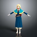 Game and Movie Character with Blonde Hair Green Eyes Blue Coat and Dress White Shoes