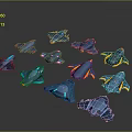 Blue Cosmic Spacecraft Models with Yellow Purple Details and Various Designs on Dark Background