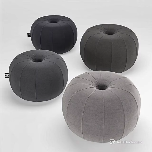 Gray Round Fabric Poufs With Pumpkin Shaped Stitched Design For Home Decor 3d model 
